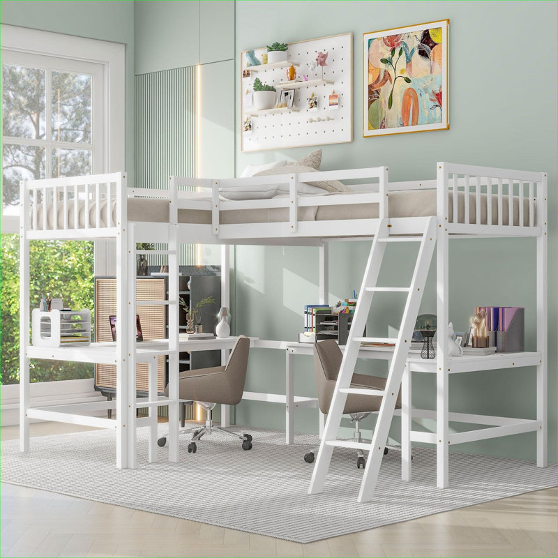 Pour les chambres partagées et les escapades d'invités de fin de semaine, lit mezzanine simple en bois massif en forme de L en bois massif avec bureau intégré