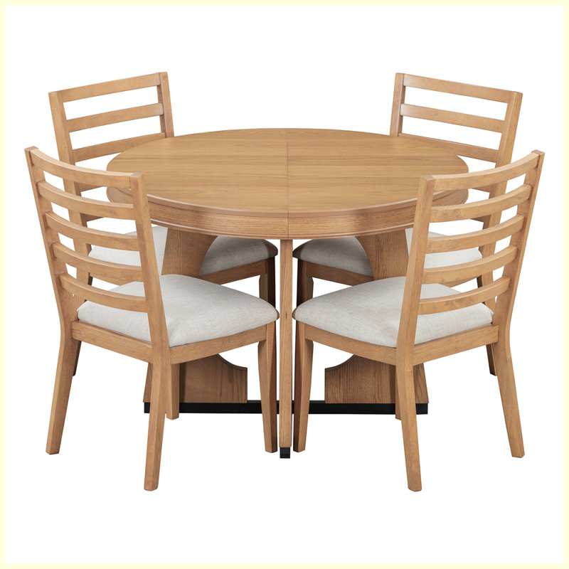 Modern Round Extendable Dining Table Set with 16" Removable Middle Leaf, Natural, Natural