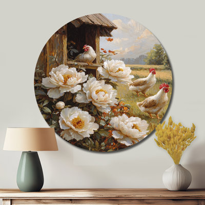 Ferme pivoines à la mangeoire à poulets II - pivoines rondes, décoration murale en métal