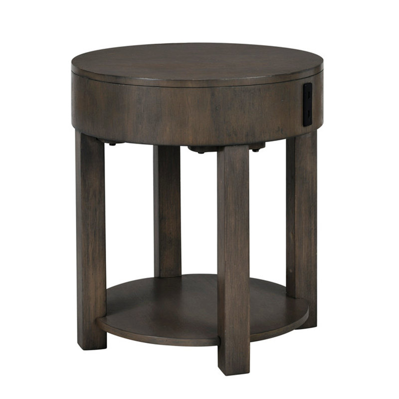 Wood End Table With USB Ports And Bottom Storage Shelf