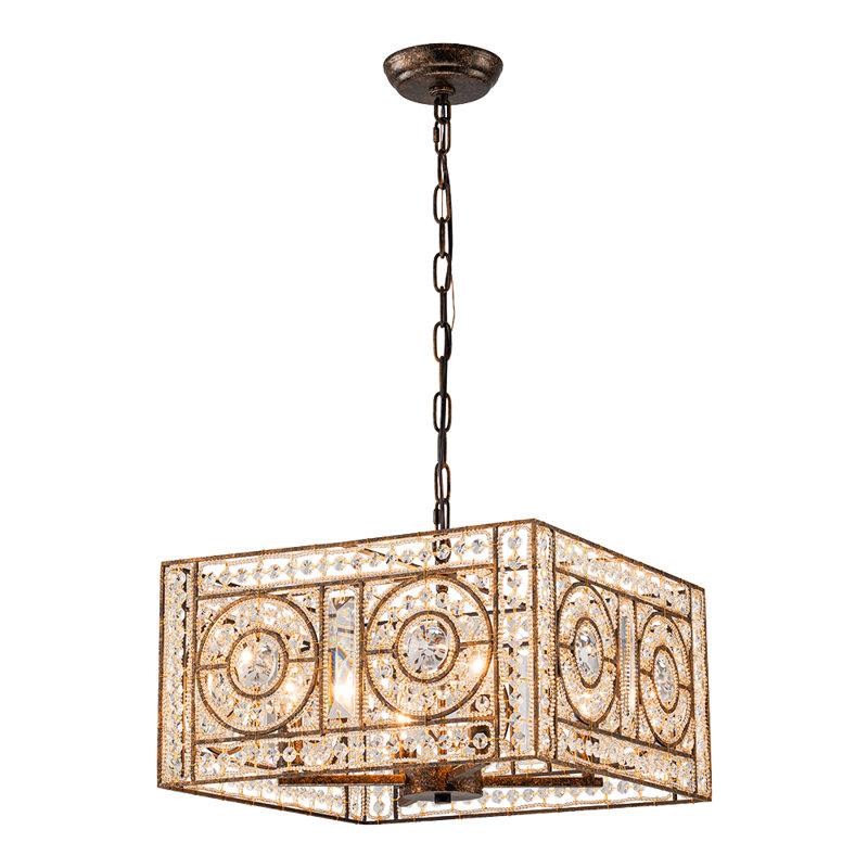 Lustre carré rétro géométrique à 4 lumières avec cristal