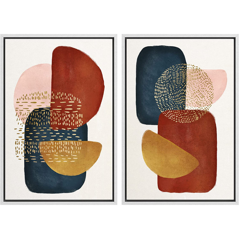 Mid-Century, aquarelle, collage de formes abstraites, ensemble de 2 peintures sur cadre flottant, H 36 po x l 48 po, Blanc