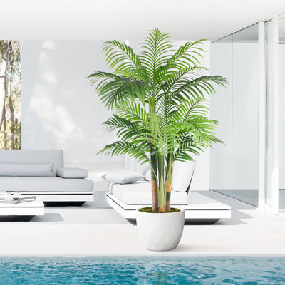 Palmier artificiel 5 pi, paquet de 1 pot de fleurs beige anti-basculement, plante tropicale réaliste, décor intérieur et extérieur couvert pour la salle à manger, le porche, le hall d'entrée et le bureau