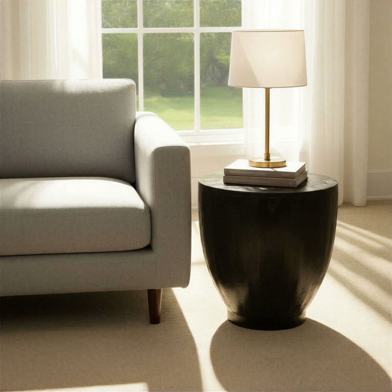 Guillen Round Mango Wood Drum End Table with Combed, Black