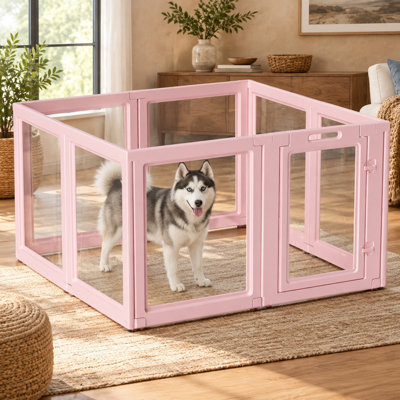 For small dogs, this 8PCS Skin Pink acrylic enclosure stands 23.6" H; it offers easy assembly and easy cleansing and can function indoors as a pink puppy playpen, fence, kennel, or whelping cage.