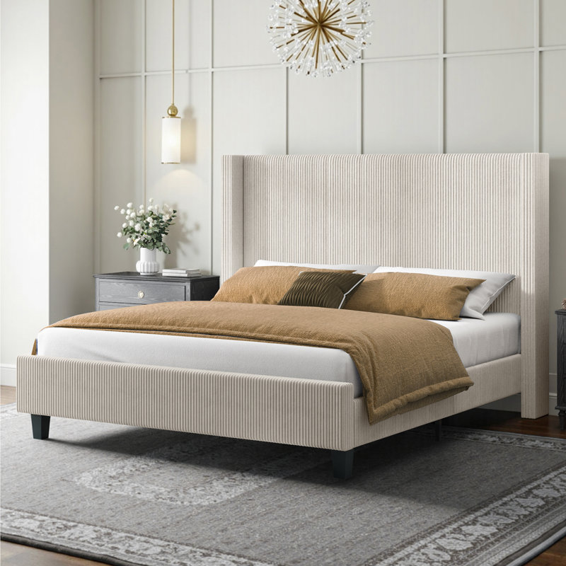 Wauseon Corduroy Upholstered Bed, Cream Corduroy, Queen