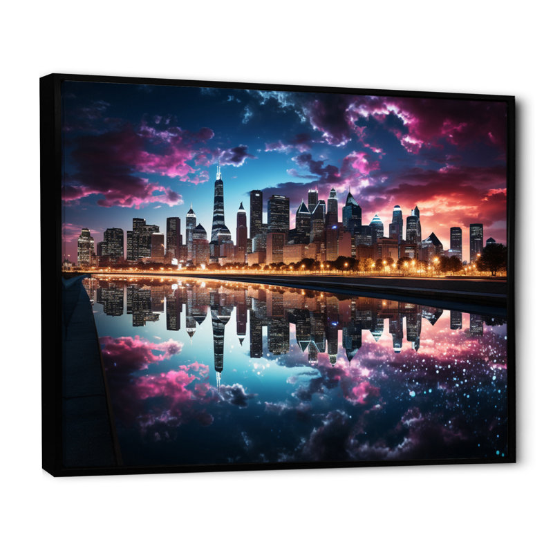 «USA Chicago Skyscrapper Reflections», reproduction sur toile, H 24 po x l 32 po x P 1 po, Cadre flottant noir