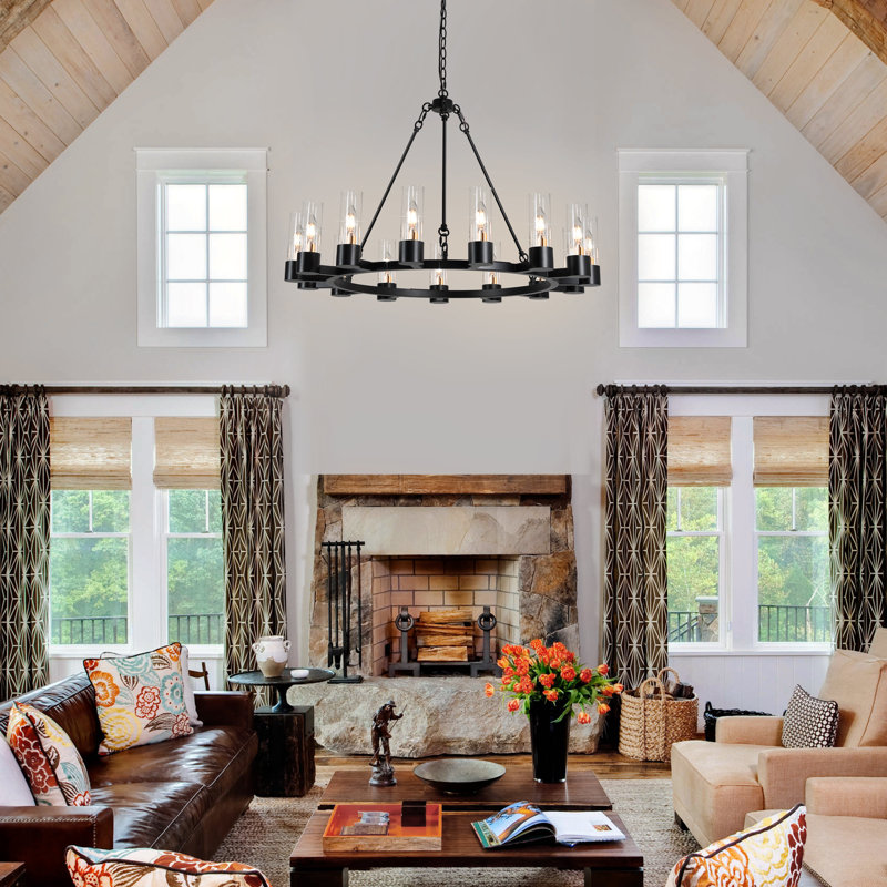  15- Light 33.66" Wagon Wheel Chandelier Black Farmhouse Chandelier For Living Room