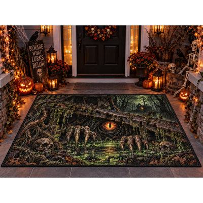 Tapis d'extérieur Halloween 152 x 213 cm, motif Bête des racines sous un arbre creux, moquette bouclée en PVC épais, imperméable et résistante, séchage rapide, pour porche, terrasse, balcon et entrée.