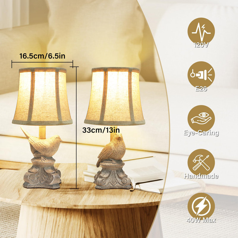 Rustic Beige Resin Bird Table Lamp Set with Linen Shade