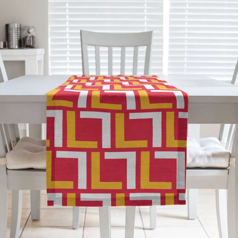 Kansas Geometric Table Runner, 90" x 16", Polyester, Red/Gold/White