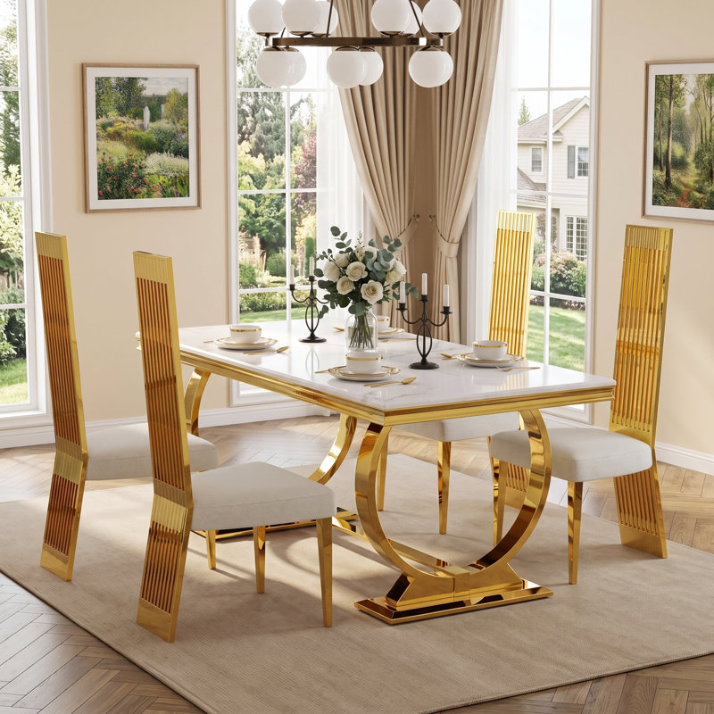 Ensemble table et chaises de salle à manger 70" blanc et or avec 4 chaises bouclées pour 4 personnes