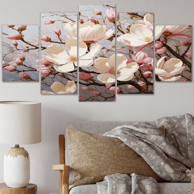 White Pink Magnolias Magnolia Symphony I - Floral Canvas Art Print - 5 Panels