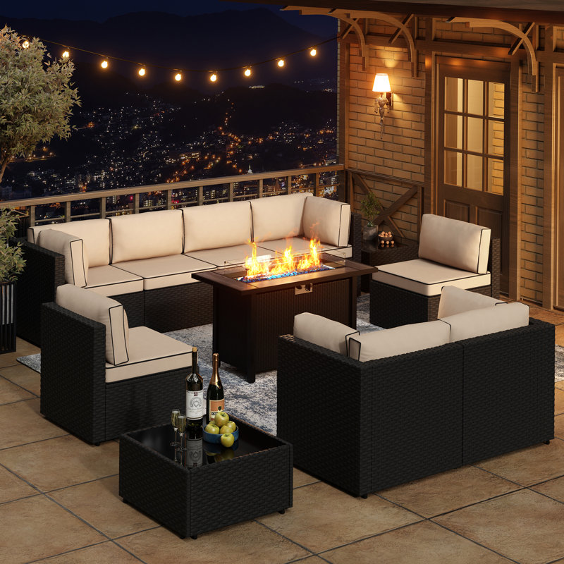  11-Piece Outdoor Furniture Seating Group with Fire Pit Table, Khaki, Black