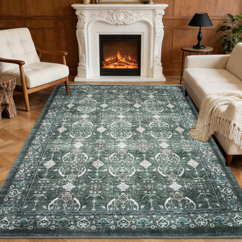 Area Rug, Washable Vintage Boho Rug, Low-Pile Non-Slip Stain Resistant Carpet for Living Room, Bedroom, Dining Room, Kids Nursery