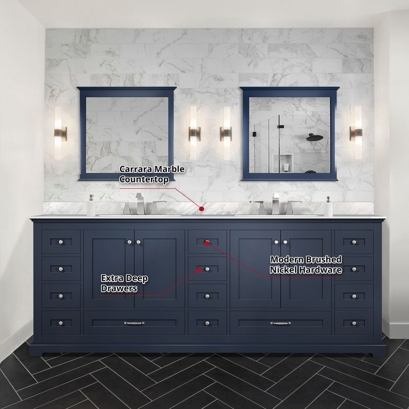 Double Bath Vanity with Carrara Marble Top, Navy Blue