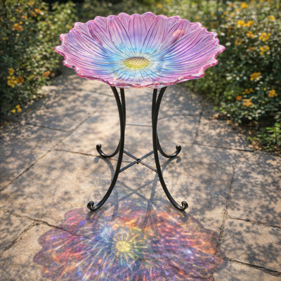 Bain d'oiseaux extérieur, bain d'oiseaux à fleurs mauves avec support en métal, oiseaux attrayants, décoration de jardin de patio, décoration extérieure