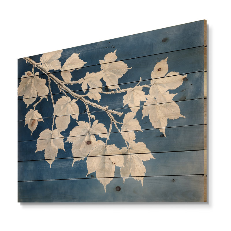 White Frosted Leaves Branches II - Leaves Wood Wall Decor - On Natural Pine Wood, 10" H x 20" W