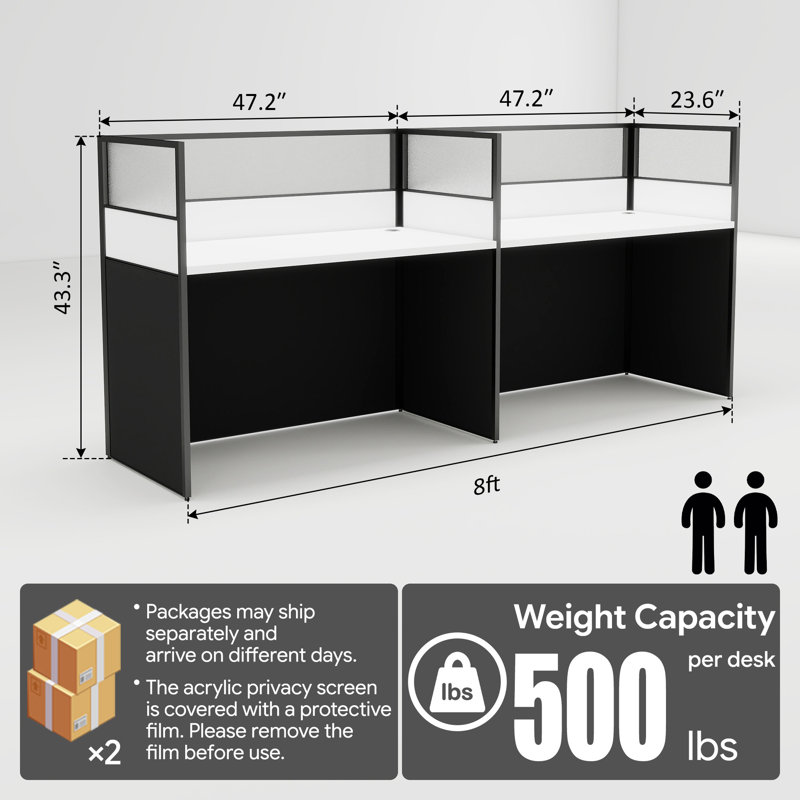 2 Person Cubicle Desk with Frosted Acrylic Privacy Partition, Office Desk Staff Desk Workstation, White
