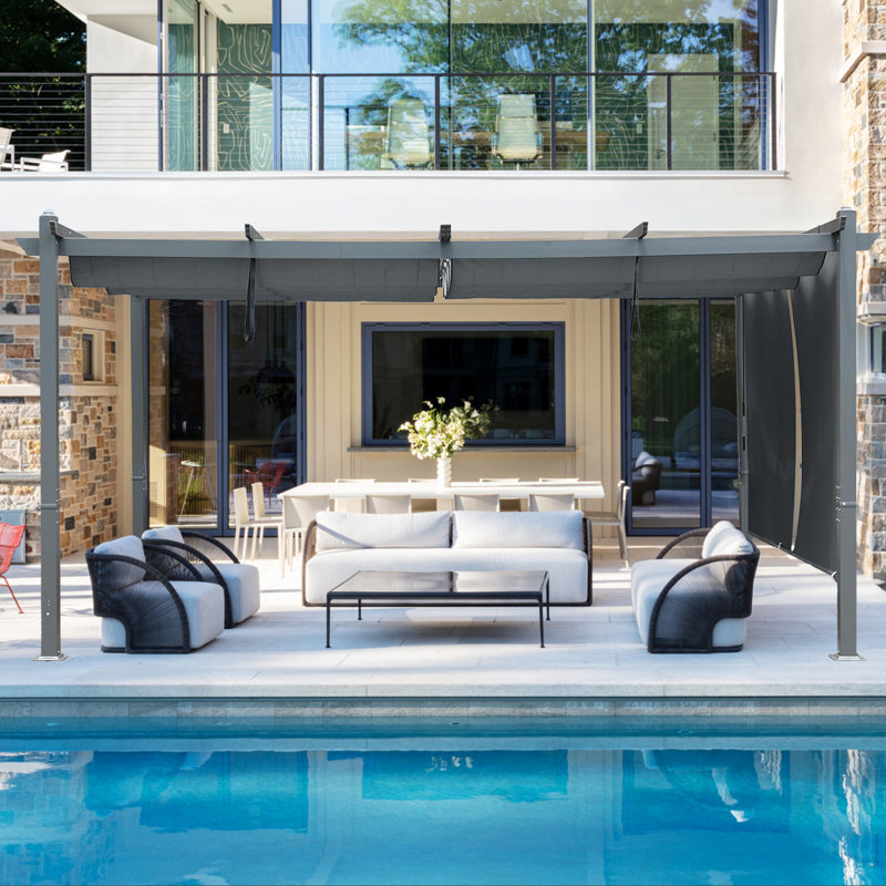Pergola en aluminium avec auvent Aoodor, H 8,2 pi x l 14 pi x P 12 pi, Gris