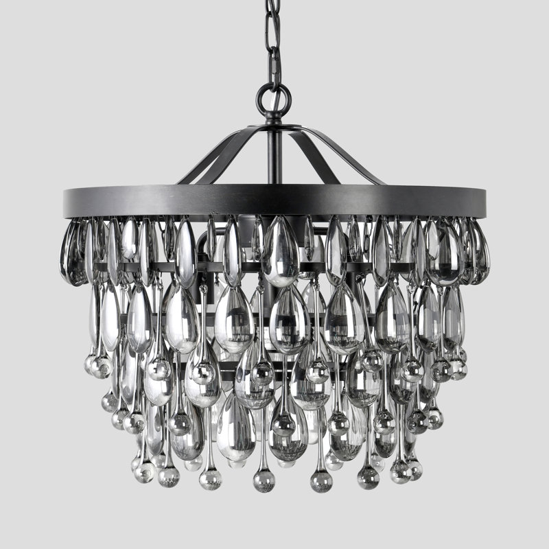 Black Glass Droplet Tiered Chandelier with Iron Frame