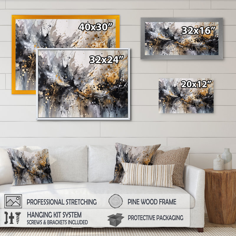 Toile abstraite grise et délicate, coups de pinceau abstraits III, H 34 po x l 44 po x P 1,5 po, Cadre flottant noir