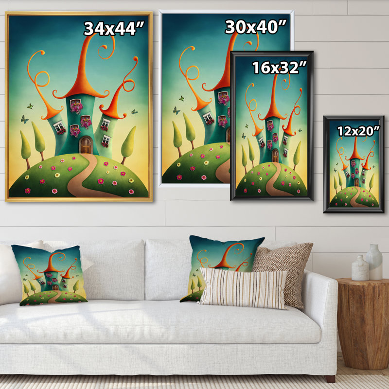 «Blue Fantasy Castles With Red Toits», reproduction sur toile, H 32 po x l 24 po x P 1 po, Cadre flottant doré