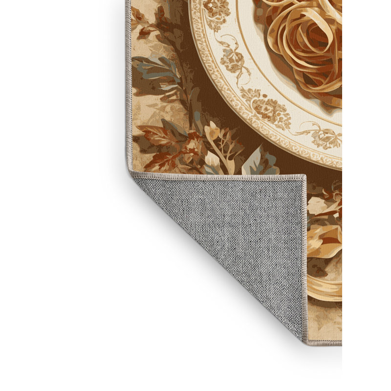 Machine Washable Wilkerson Pasta Plate French Country Vintage Look Rug in Brown – Beige Binding, 2x4