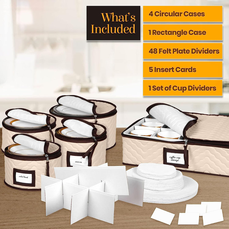 Beige Quilted Microfiber 5-Piece China Storage Set with Dividers