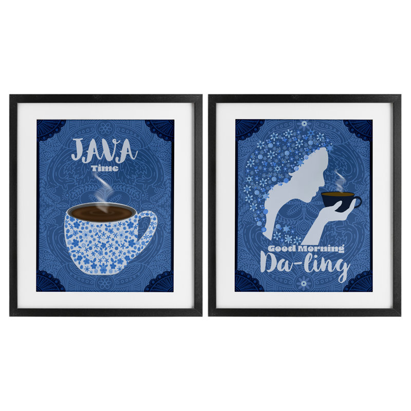 Java Time Good Morning Coffees, ensemble de 2 reproductions encadrées sous verre, Lori Mosley, Cadre noir minuit