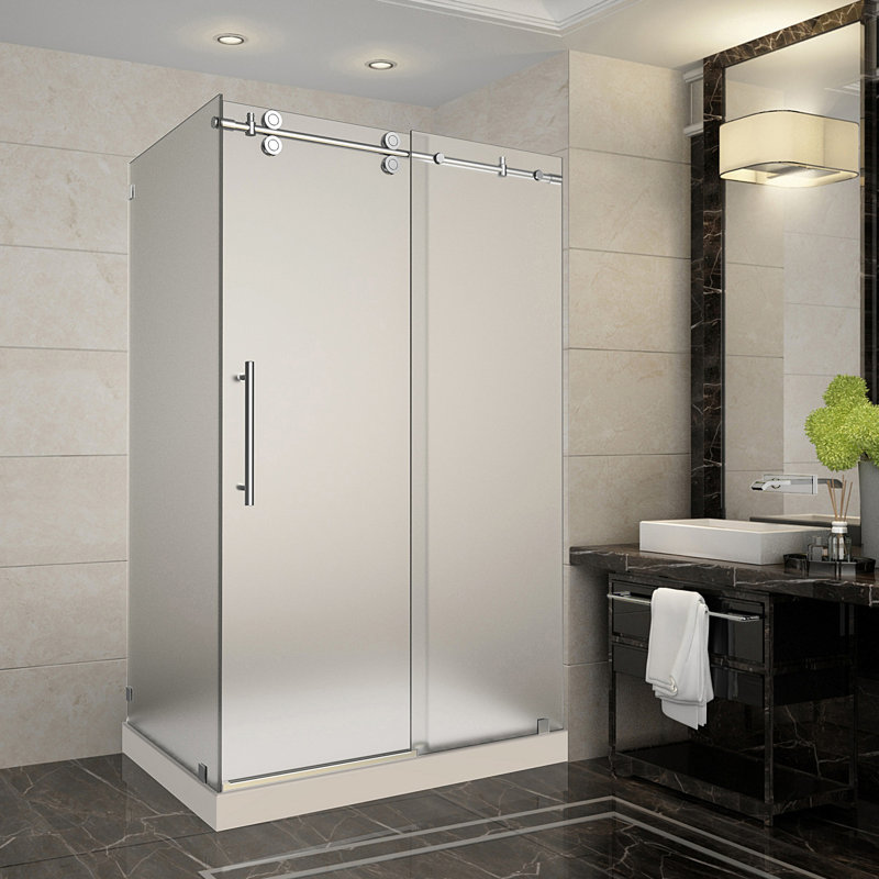 Langham 48" W x 35" D x 77.5" H Frameless Rectangle Sliding Shower enclosure with Base Included, Chrome, Right