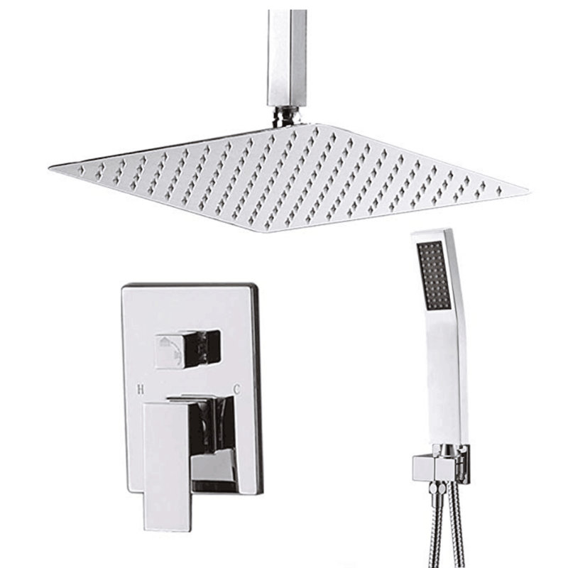 Douche de salle de bain classique brossé or brossé, pluie murale de 10 pouces avec poignée escamotable, poignée, remplissage en céramique, système moderne de valve à cartouche, douche à main, robinet géométrique, robinets à 3 trous, poignée