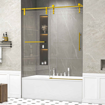 Portes de douche coulissantes simples sans cadre de H 56 po x l 66 po x H 66 po, porte de douche coulissante pour salle de bain avec porte-serviettes et poignée auxiliaire, porte en verre trempé épais de 5/16 po (8 mm) de couleur GSCG, or brossé (sans fermeture en douceur)