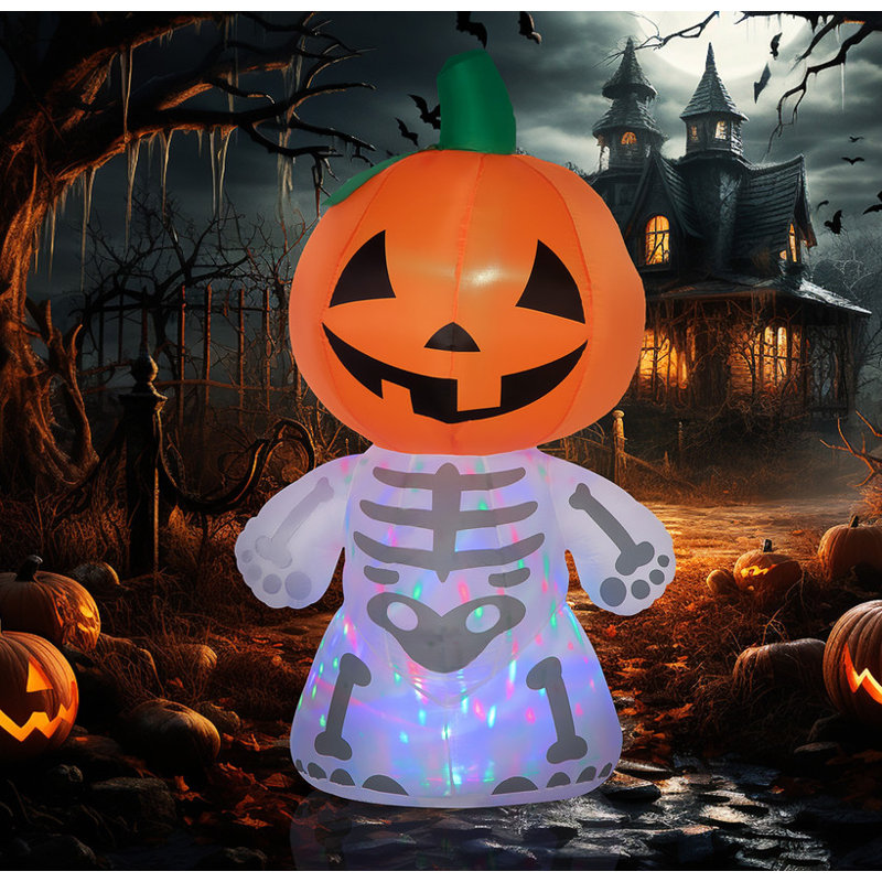Fantôme de squelette souriant gonflable d'Halloween de 6 pi - Tête de citrouille, DEL intégrée, imperméable, installation facile pour le jardin / la fête