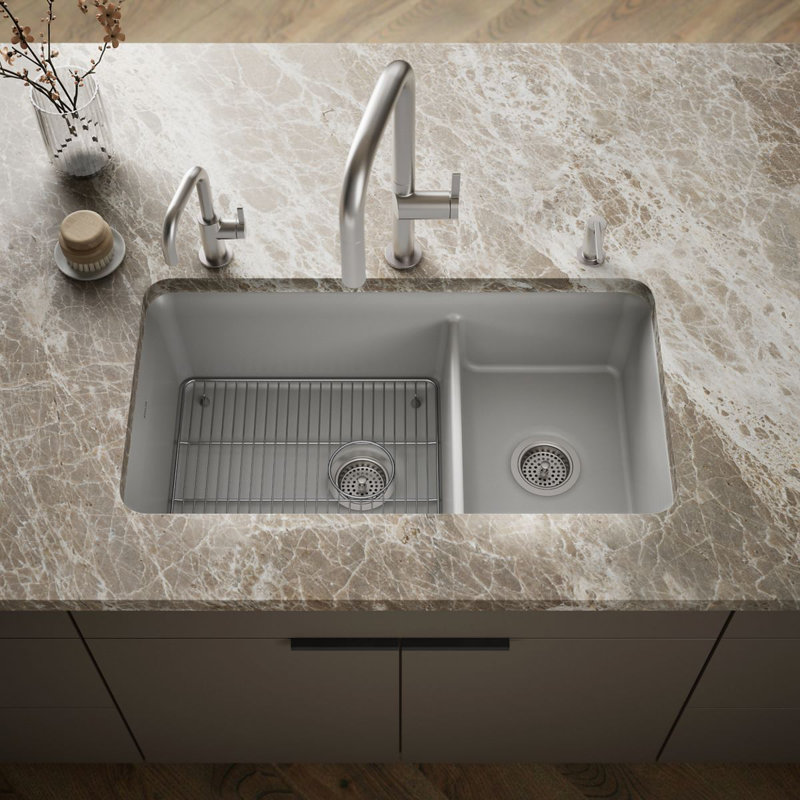 Cairn 34" L x 18" W Double Basin Undermount with Accessories, Matte Gray