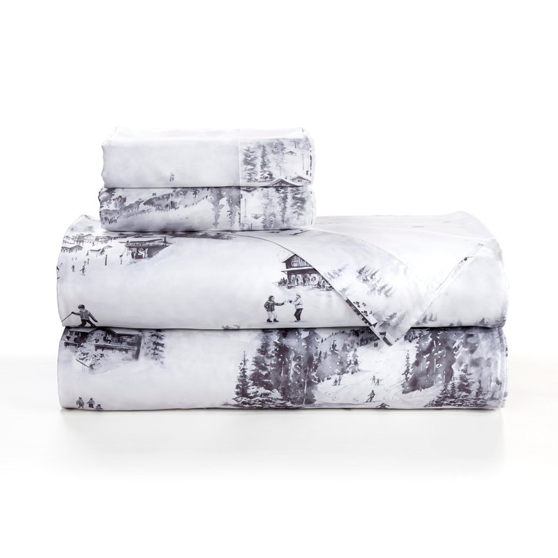 Riggi Toile Lyocell White Gray Snow Pine Tree Ski Toile Season Print Lodge Modern Sheet Set