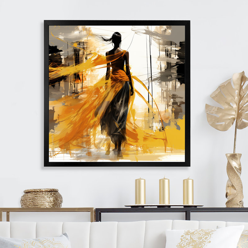 Femme noire et jaune avec vent - Illustration de mode, impressions encadrées, H 16 po x l 16 po x P 1 po, Cadre simple noir