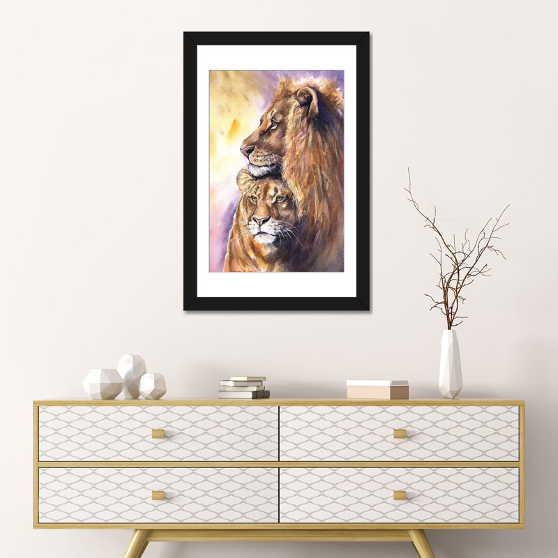 « lion », impression sur toile, Papier d'art encadré noir, H 24 po x l 16 po x P 1 po, Blanc