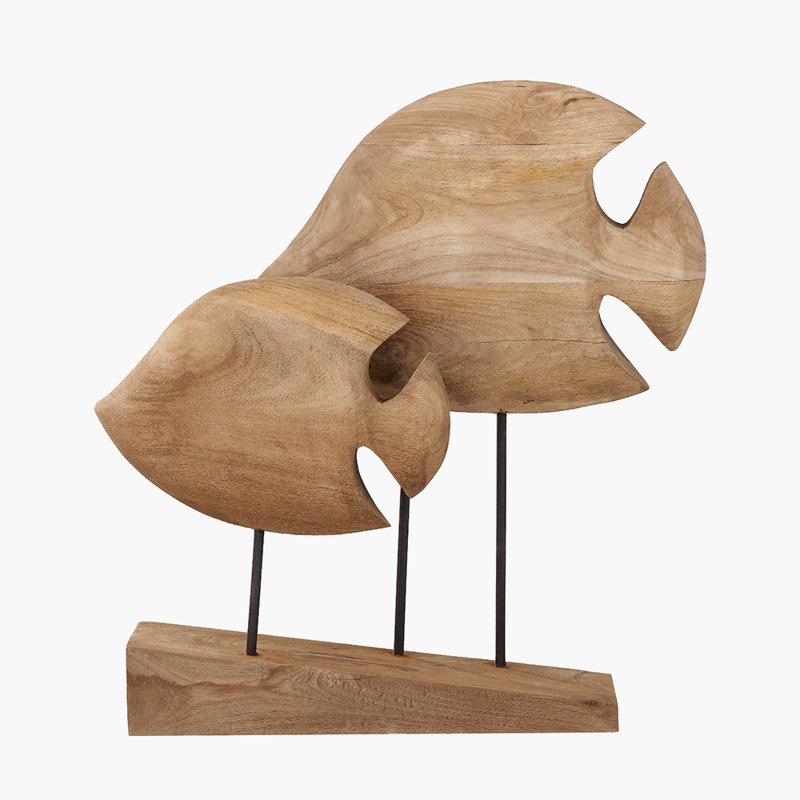 Handcarved Mango Wood Double Teardrop Angelfish Ornament, Natural
