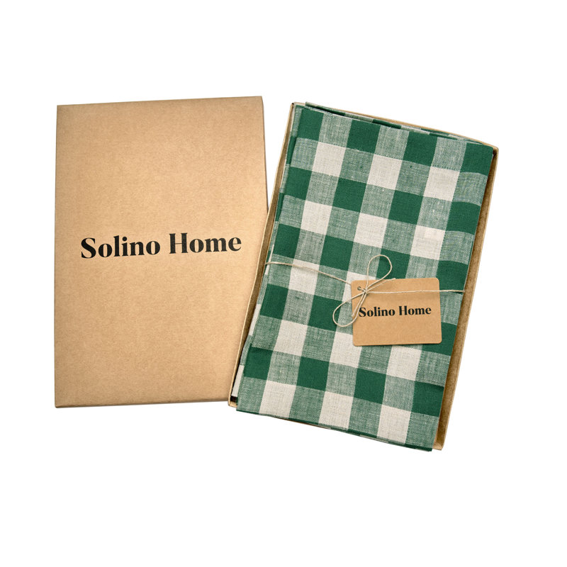 Green and Natural Check Linen Dinner Napkins Set of 4