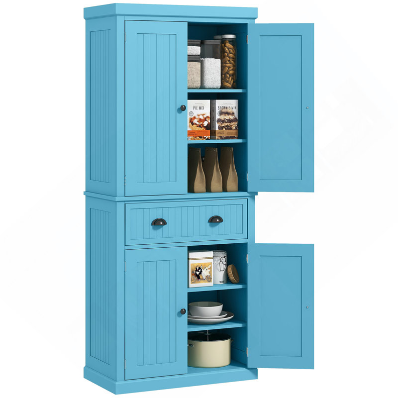 Garde-manger de 72 po, armoire de rangement autoportante haute, armoire traditionnelle avec 4 portes, tiroir et 3 tablettes réglables pour la salle à manger, bleu clair Cabinet