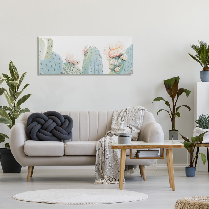 Cactus vert doux près des fleurs roses par Patricia Pinto - Peinture, H 20 po x l 48 po, Toile tendue