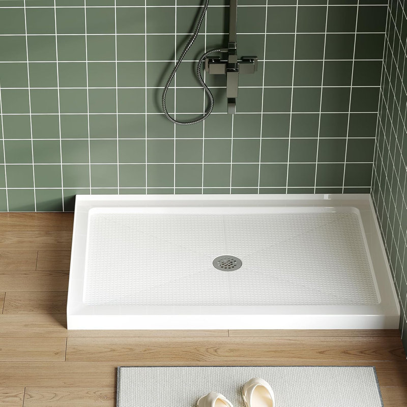 Left Drain Shower Pan - Single Threshold Base, Non-Slip Textured Surface, Lightweight ABS Shower Base, Easy Install Includes Drain Kit