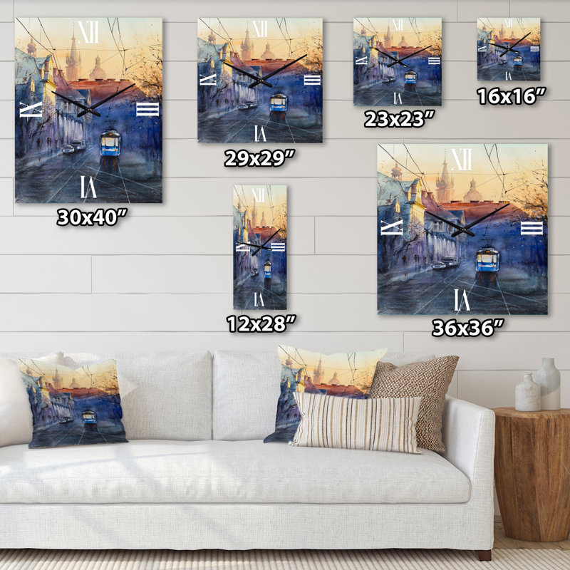 Horloge murale bleue et marine au coucher du soleil avec une église au coucher du soleil, Petit