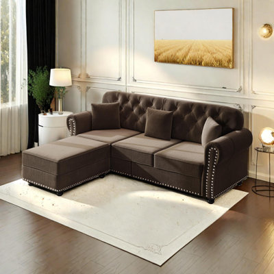 Velvet Sofa with Nailhead Trim and Rolled Armrests, Includes Pillows