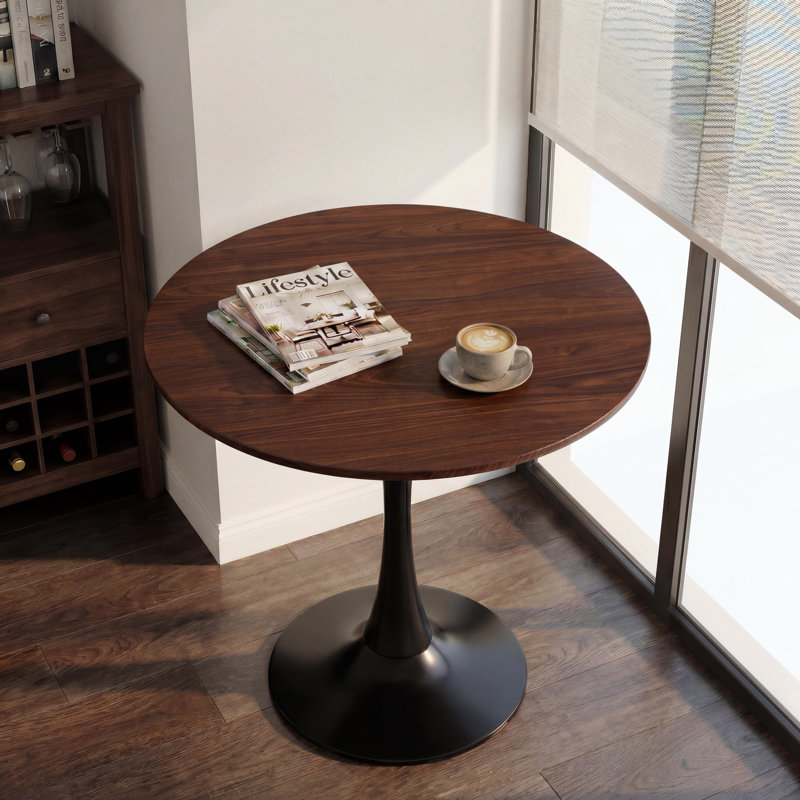 31.5" Round Dining Table With Pedestal Base,Mid-Century Modern Coffee Table With Mdf Table Top, Walnut/Black