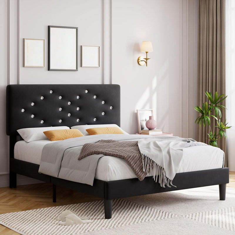 Structure de lit grand avec tête de lit, lit plateforme moderne avec support en lattes de bois, aucun sommier nécessaire et silencieux