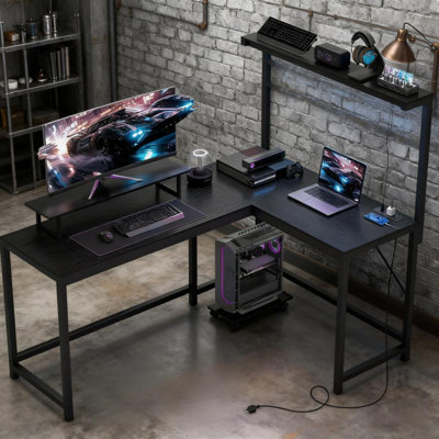 Gaming Desk With Monitor Stand And CPU Shelf,L Shaped Gaming Desk With Power Outlets & LED Lights