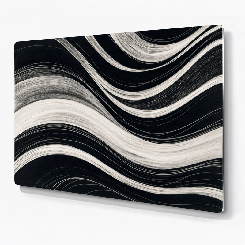 Art mural horizontal rayé gris clair, gris foncé, noir et métal, H 11 po x l 14 po