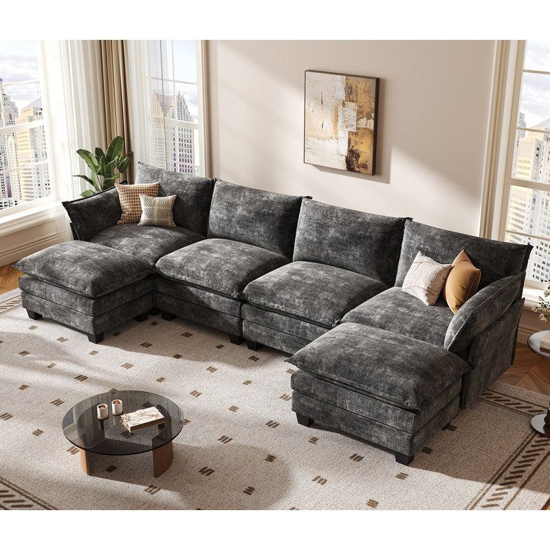 Canapé modulaire modulaire, canapé 6 places en forme de U avec repose-pieds, canapé modulaire en chenille pour salon, gris